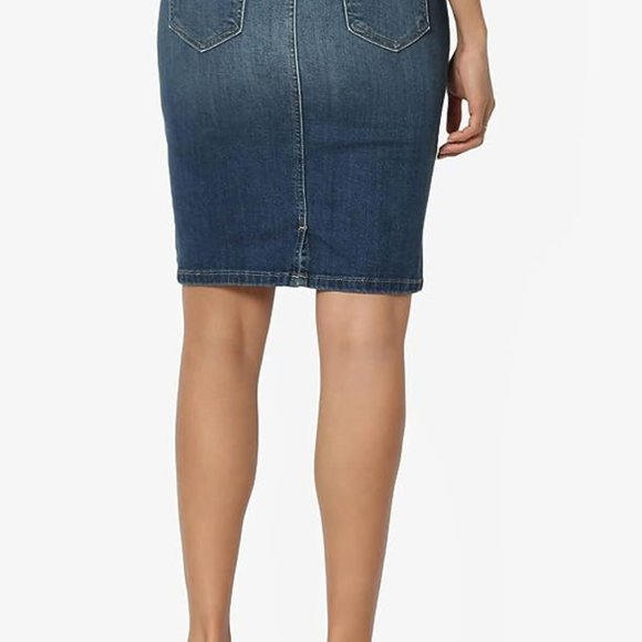 TheMogan Women's Butt Lift Washed Blue Jean Pencil Midi Soft Denim Skirt Light - Picture 3 of 7